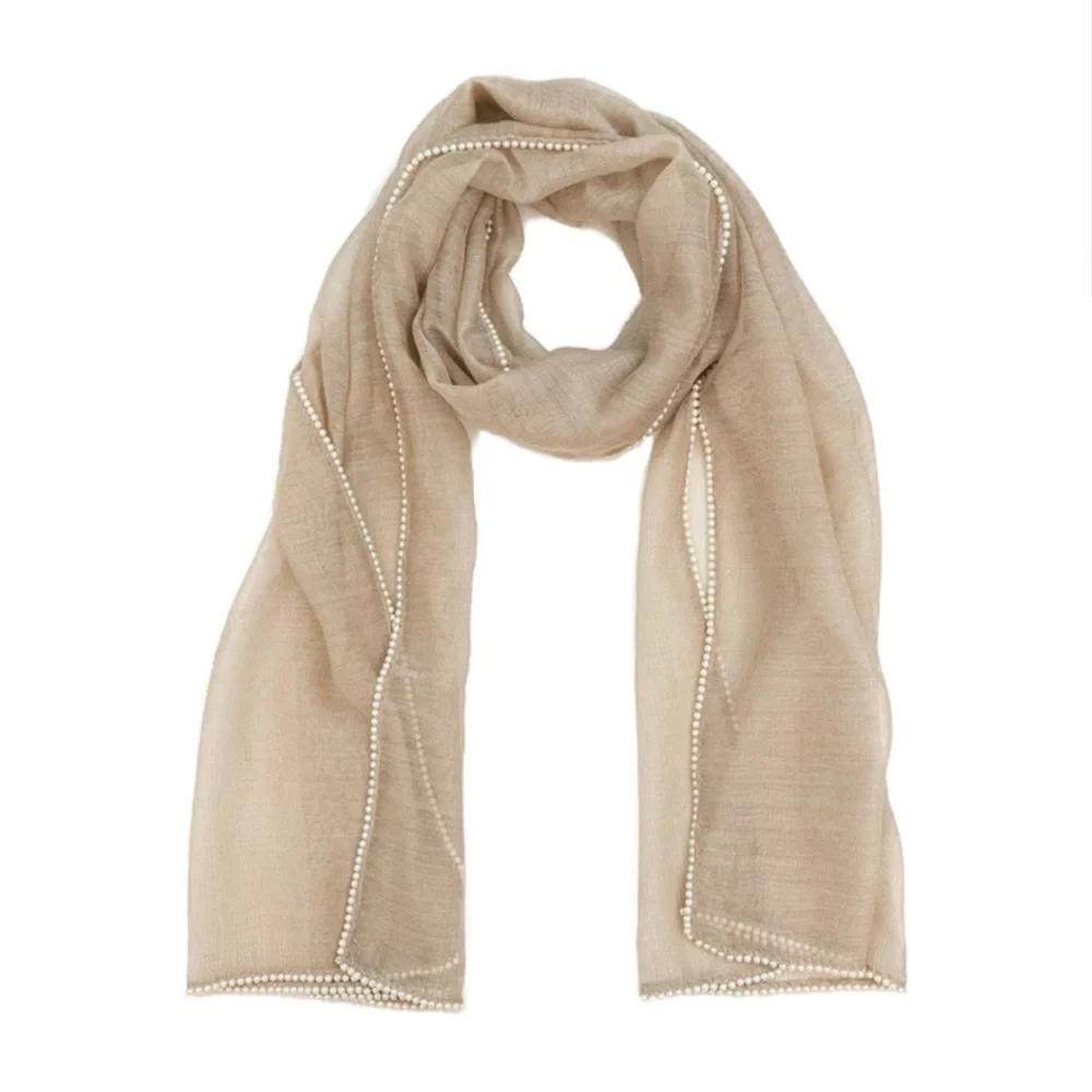RANDI & WILL 12-Princess Latte Wool Silk Pearl Trimmed Shaw Scarf Women’s OS